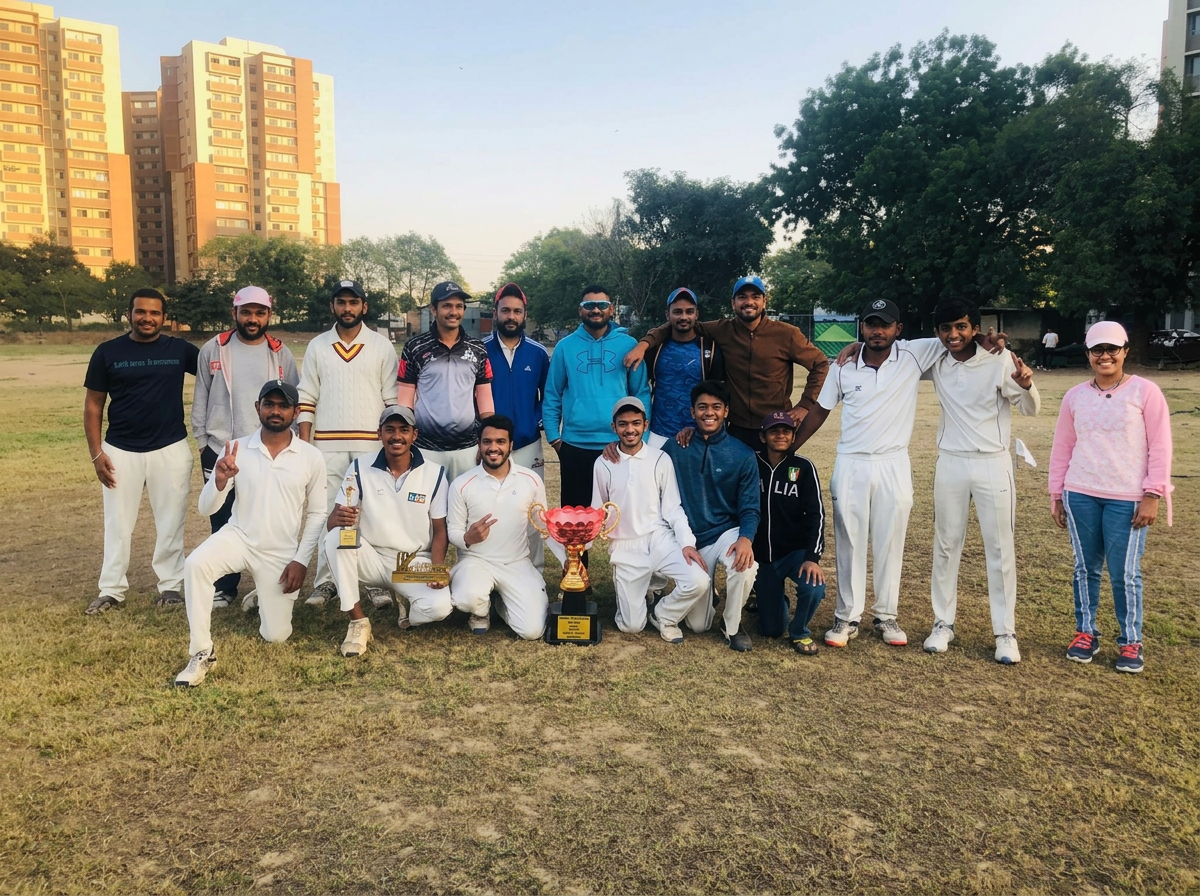 Desire Cricket Academy squad celebrating a tournament win with the championship trophy