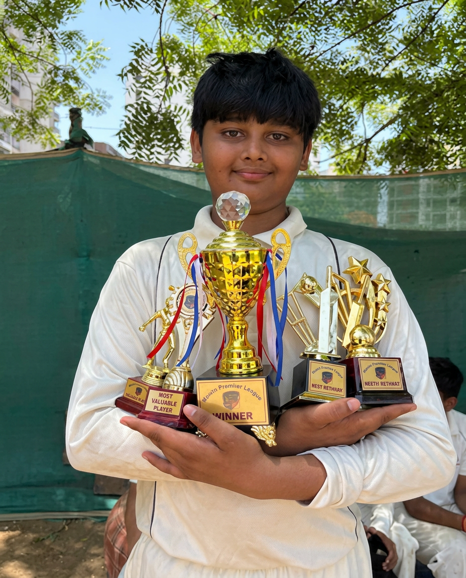 Junior cricketer showcasing a collection of trophies won at academy events