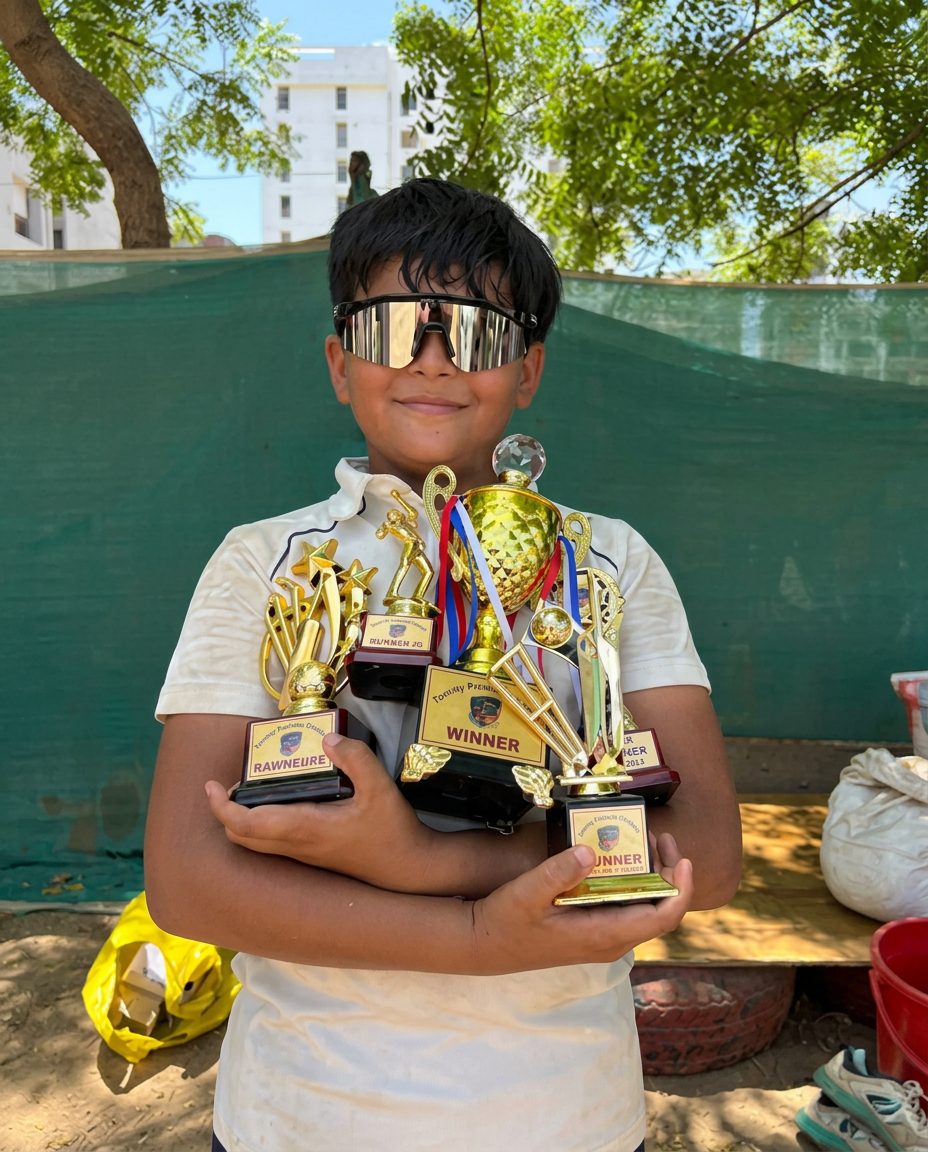 Young Desire Cricket Academy player with multiple winner trophies